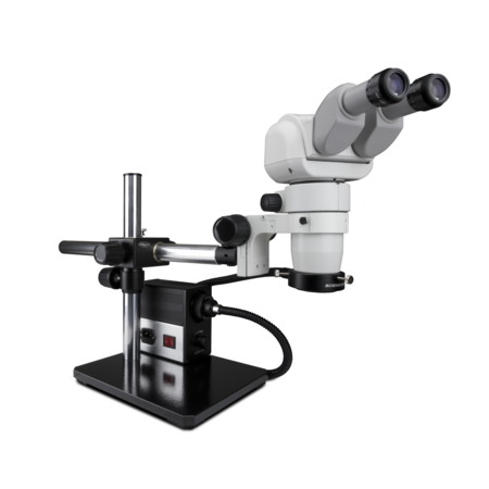 SCIENSCOPE Ergo Stereo Zoom Microscope And Fiber-Optic LED On Gliding Stand CMO-PK5-AN-E